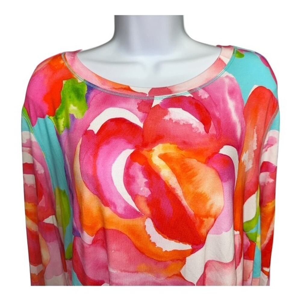 Ali Miles 1X Top Pink Blue Floral Colorful Art Pullover Soft Stretch 3/4 Sleeves - Picture 5 of 6